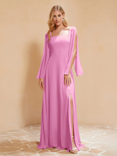 Square Neckline Ruched Chiffon Floor-length Dress Candy Pink