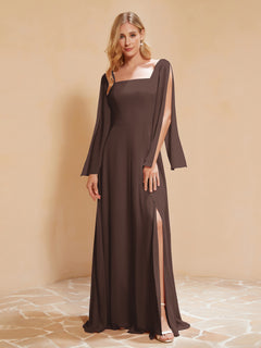 Square Neckline Ruched Chiffon Floor-length Dress Chocolate