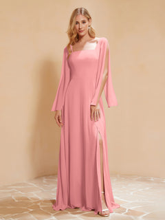 Square Neckline Ruched Chiffon Floor-length Dress Flamingo