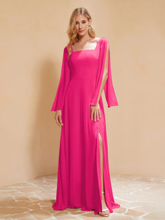 Square Neckline Ruched Chiffon Floor-length Dress Fuchsia