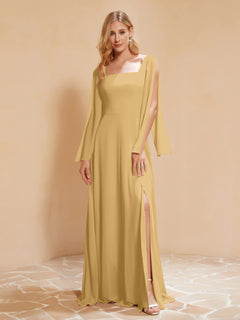 Square Neckline Ruched Chiffon Floor-length Dress Gold