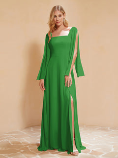 Square Neckline Ruched Chiffon Floor-length Dress Green