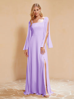 Square Neckline Ruched Chiffon Floor-length Dress Lilac