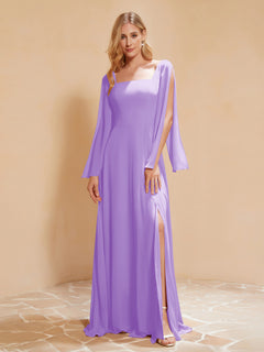 Square Neckline Ruched Chiffon Floor-length Dress Lilac