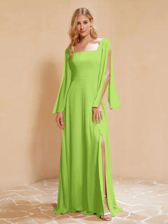 Square Neckline Ruched Chiffon Floor-length Dress Lime Green