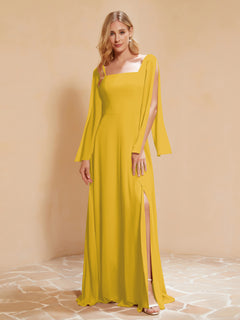 Square Neckline Ruched Chiffon Floor-length Dress Marigold