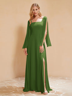 Square Neckline Ruched Chiffon Floor-length Dress Moss