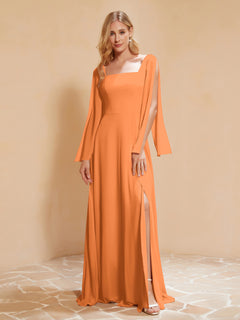 Square Neckline Ruched Chiffon Floor-length Dress Orange