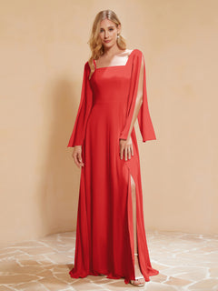 Square Neckline Ruched Chiffon Floor-length Dress Red