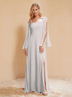 Square Neckline Ruched Chiffon Floor-length Dress Silver