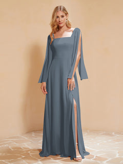 Square Neckline Ruched Chiffon Floor-length Dress Slate Blue