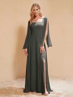 Square Neckline Ruched Chiffon Floor-length Dress Steel Grey