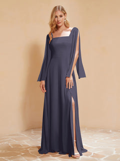 Square Neckline Ruched Chiffon Floor-length Dress Stormy