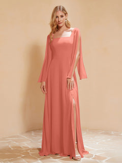 Square Neckline Ruched Chiffon Floor-length Dress Sunset