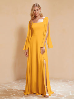 Square Neckline Ruched Chiffon Floor-length Dress Tangerine