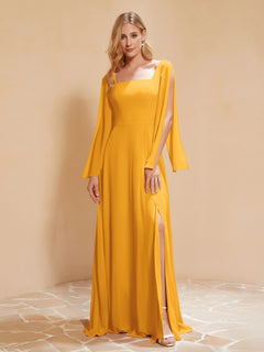 Square Neckline Ruched Chiffon Floor-length Dress Tangerine