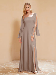 Square Neckline Ruched Chiffon Floor-length Dress Taupe