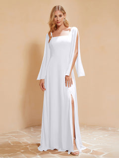 Square Neckline Ruched Chiffon Floor-length Dress White