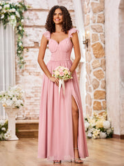 Sweetheart Neck Ruffle Shoulder Straps Chiffon Boho Dresses Dusty Rose