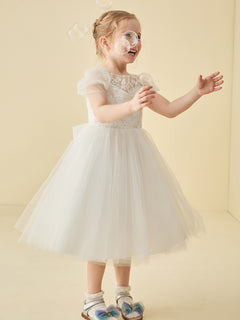 Illusion Neck Appliqued Tulle Girl Dress with Bow