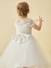 Illusion Neck Appliqued Tulle Girl Dress with Bow