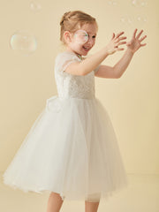 Illusion Neck Appliqued Tulle Girl Dress with Bow