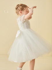 Illusion Neck Appliqued Tulle Girl Dress with Bow