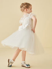 Illusion Neck Appliqued Tulle Girl Dress with Bow