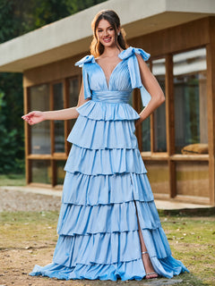 A-line Bow Shoulder Tiered Dress with Slit Sky Blue