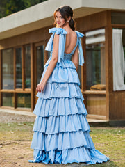 A-line Bow Shoulder Tiered Dress with Slit Sky Blue