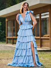A-line Bow Shoulder Tiered Dress with Slit Sky Blue