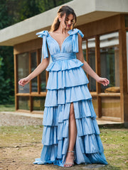 A-line Bow Shoulder Tiered Dress with Slit Sky Blue