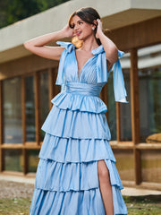 A-line Bow Shoulder Tiered Dress with Slit Sky Blue