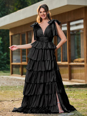 A-line Bow Shoulder Tiered Dress with Slit Black