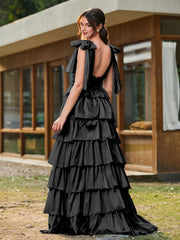 A-line Bow Shoulder Tiered Dress with Slit Black