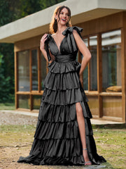 A-line Bow Shoulder Tiered Dress with Slit Black