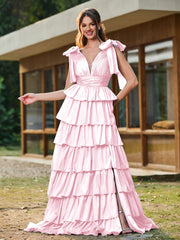 A-line Bow Shoulder Tiered Dress with Slit Blushing Pink