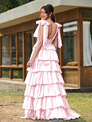 A-line Bow Shoulder Tiered Dress with Slit Blushing Pink