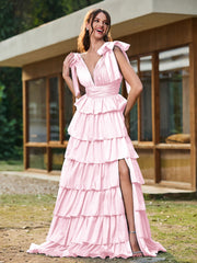 A-line Bow Shoulder Tiered Dress with Slit Blushing Pink