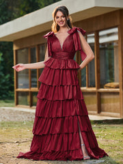 A-line Bow Shoulder Tiered Dress with Slit Burgundy