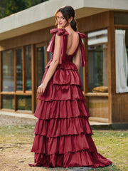 A-line Bow Shoulder Tiered Dress with Slit Burgundy