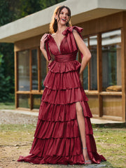A-line Bow Shoulder Tiered Dress with Slit Burgundy