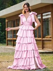 A-line Bow Shoulder Tiered Dress with Slit Candy Pink