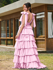 A-line Bow Shoulder Tiered Dress with Slit Candy Pink