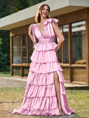 A-line Bow Shoulder Tiered Dress with Slit Candy Pink