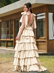 A-line Bow Shoulder Tiered Dress with Slit Champagne