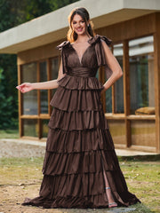 A-line Bow Shoulder Tiered Dress with Slit Chocolate