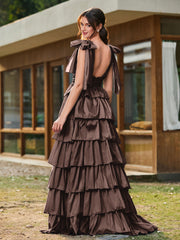 A-line Bow Shoulder Tiered Dress with Slit Chocolate