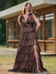 A-line Bow Shoulder Tiered Dress with Slit Chocolate