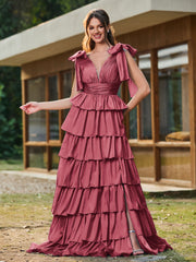 A-line Bow Shoulder Tiered Dress with Slit Cinnamon Rose